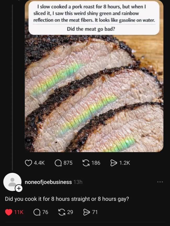 Sliced cooked pork roast showing iridescent rainbow reflection with clever slow clap meme reply.