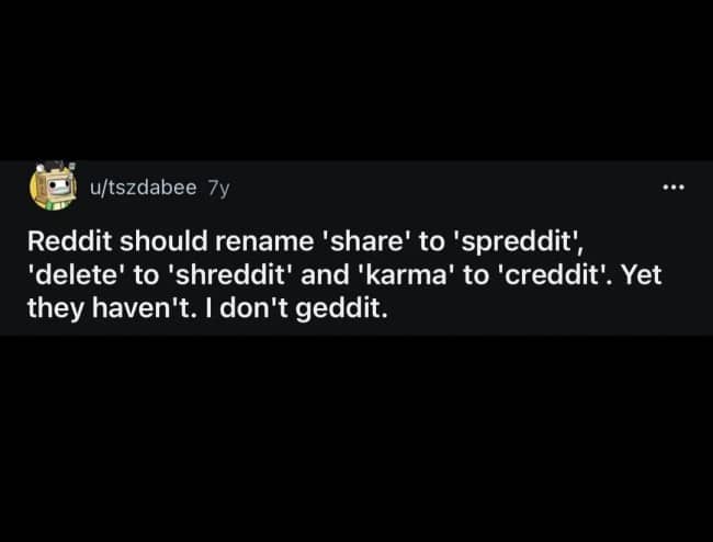 Reddit text post proposing clever site terminology changes ending in slow clap meme.