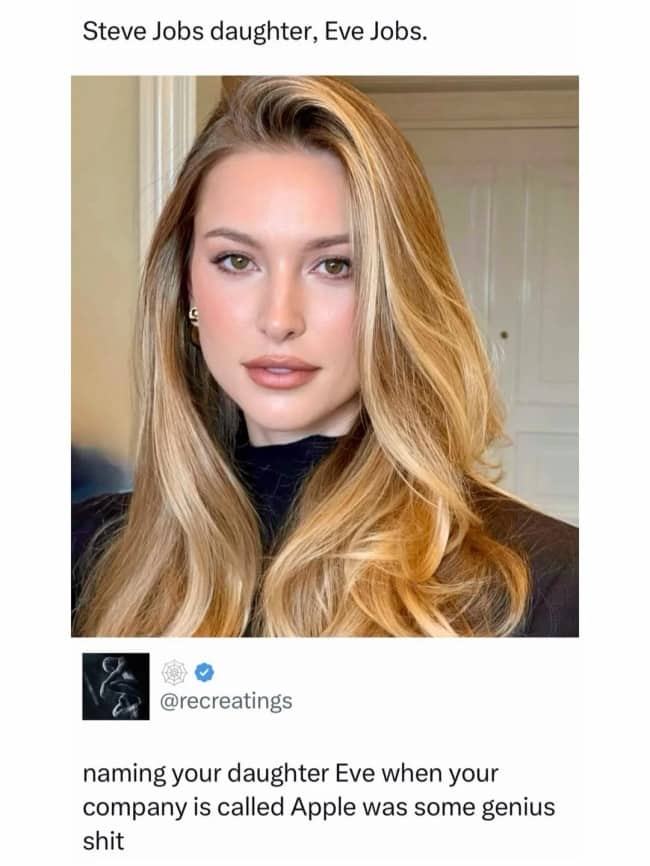 Photo of Eve Jobs with social media comment explaining Apple naming slow clap meme.