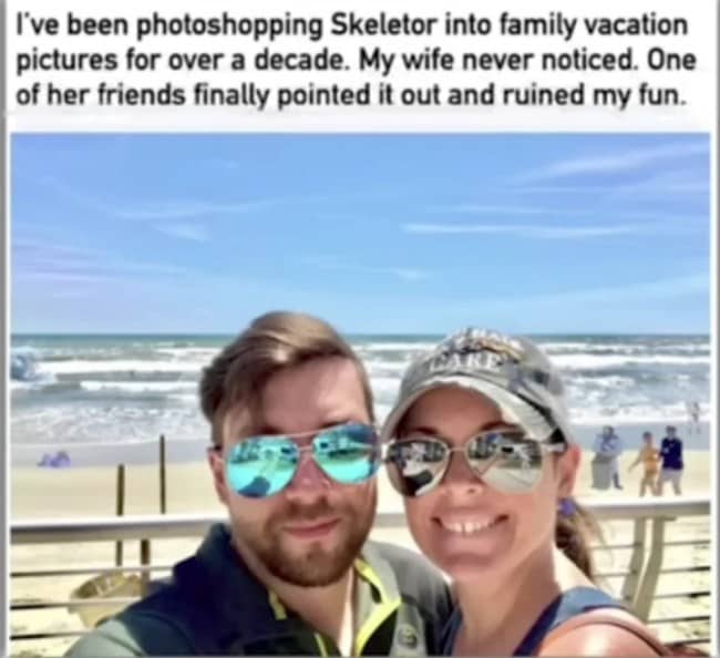Vacation beach photo with Skeletor photobombing behind couple in family slow clap meme joke.