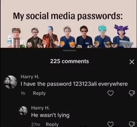 Screenshot of social media comments where user leaks password in slow clap meme comedy.