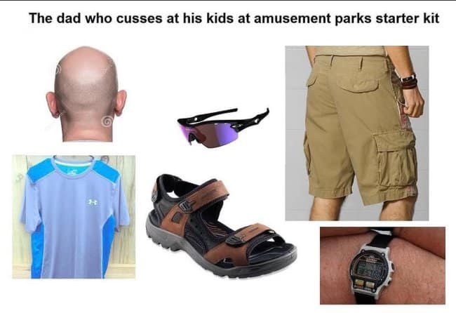 A starter pack meme depicting 'The dad who cusses at his kids at amusement parks', featuring cargo shorts, wraparound sunglasses, sport sandals, and an Under Armour shirt.