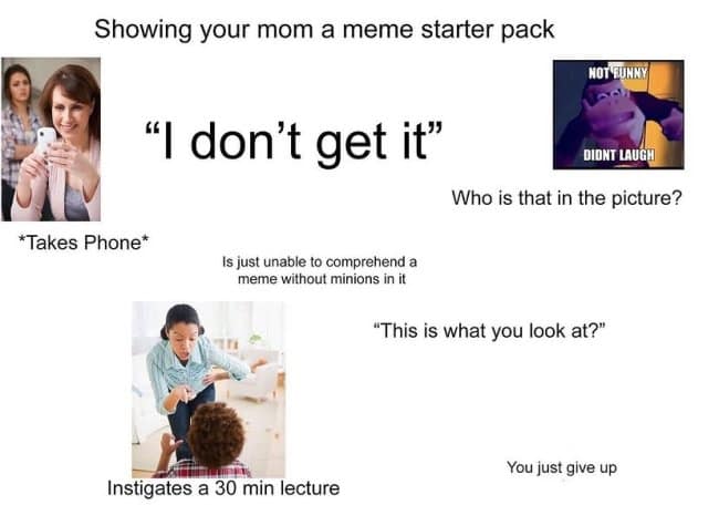 A starter pack meme capturing the ordeal of 'Showing your mom a meme', showing phone confiscations, 30-minute lectures, and total confusion without Minions.