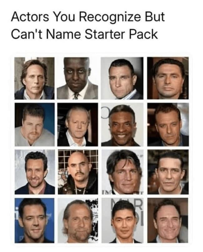 A starter pack meme grid featuring 16 famous Hollywood character actors titled 'Actors You Recognize But Can't Name'.