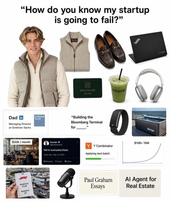 A starter pack meme exposing why a startup is destined to fail, highlighting nepo-baby founders, Soho House cards, and vague AI pitch deck buzzwords.