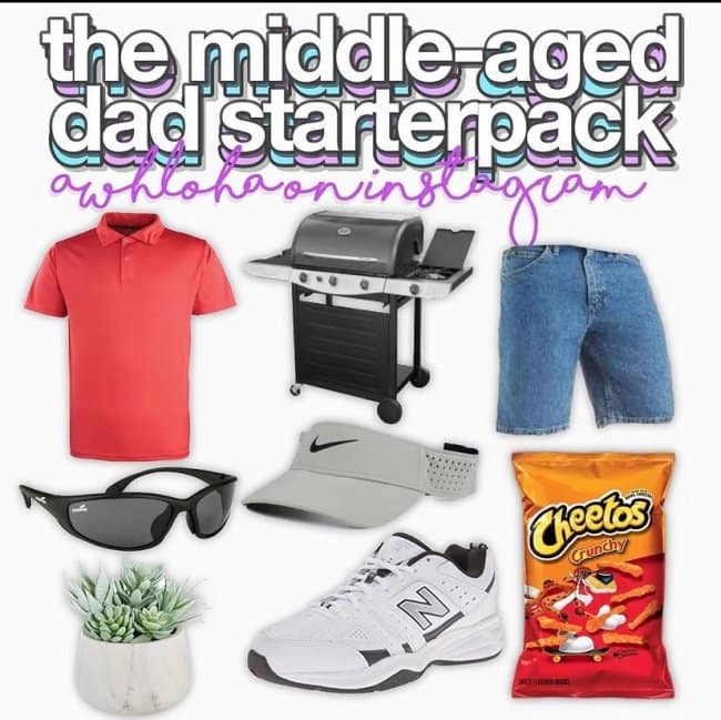 A starter pack meme capturing the middle-aged dad aesthetic with gas grills, jorts, Nike visors, and white New Balance sneakers.