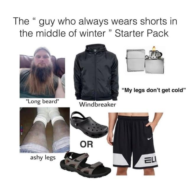 A starter pack meme calling out the guy who wears basketball shorts and Crocs in freezing winter weather claiming his legs don't get cold.