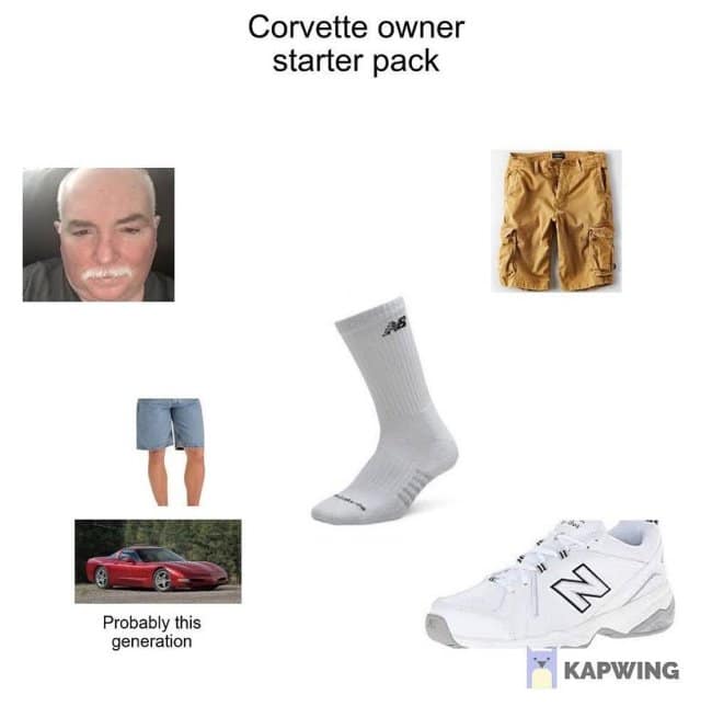 A starter pack meme humorously detailing the Corvette owner uniform consisting of cargo shorts, mustache, red C5 Corvette, and white New Balance shoes.