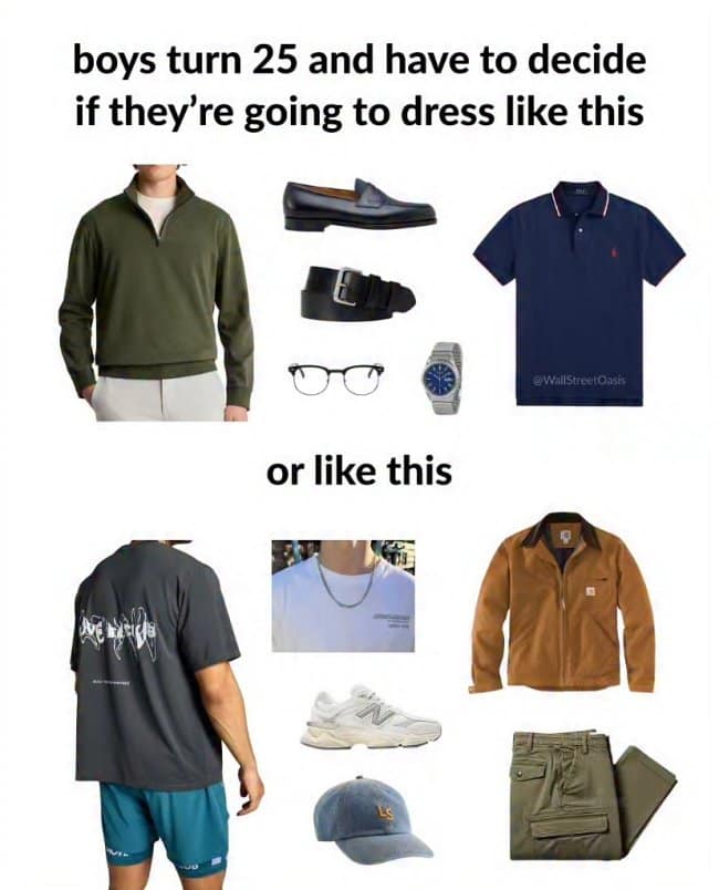 A starter pack meme contrasting the two fashion paths men face at age 25: prep-school corporate quarter-zips vs. Carhartt streetwear.