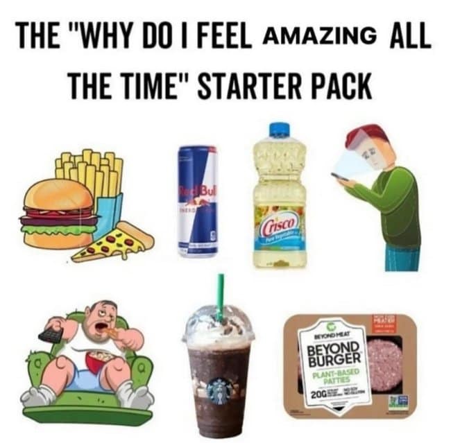 A starter pack meme ironically titled 'Why do I feel amazing all the time' stacked with seed oils, junk food, Red Bull, and screen addiction.
