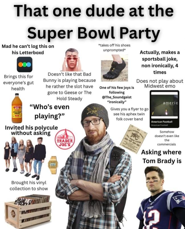 A starter pack meme mocking 'That one dude at the Super Bowl Party', filled with Midwest emo albums, apple cider vinegar, toe shoes, and vinyl crates.