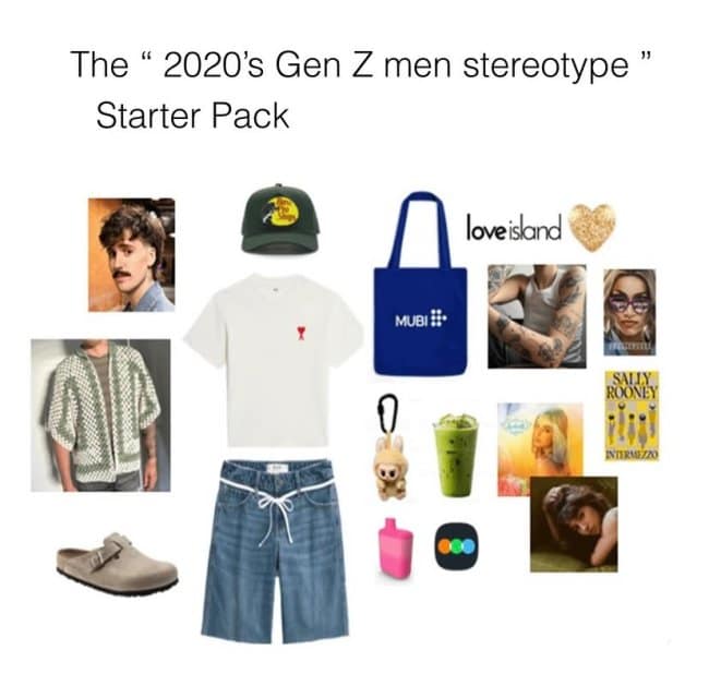 A starter pack meme illustrating 'The 2020's Gen Z men stereotype', featuring Bass Pro Shops caps, Birkenstocks, MUBI tote bags, jorts, and matcha lattes.