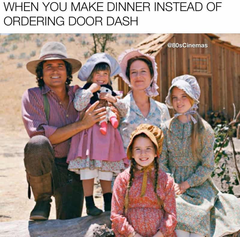 Little House on the Prairie pioneer family portraying a cooking at home dinner meme.