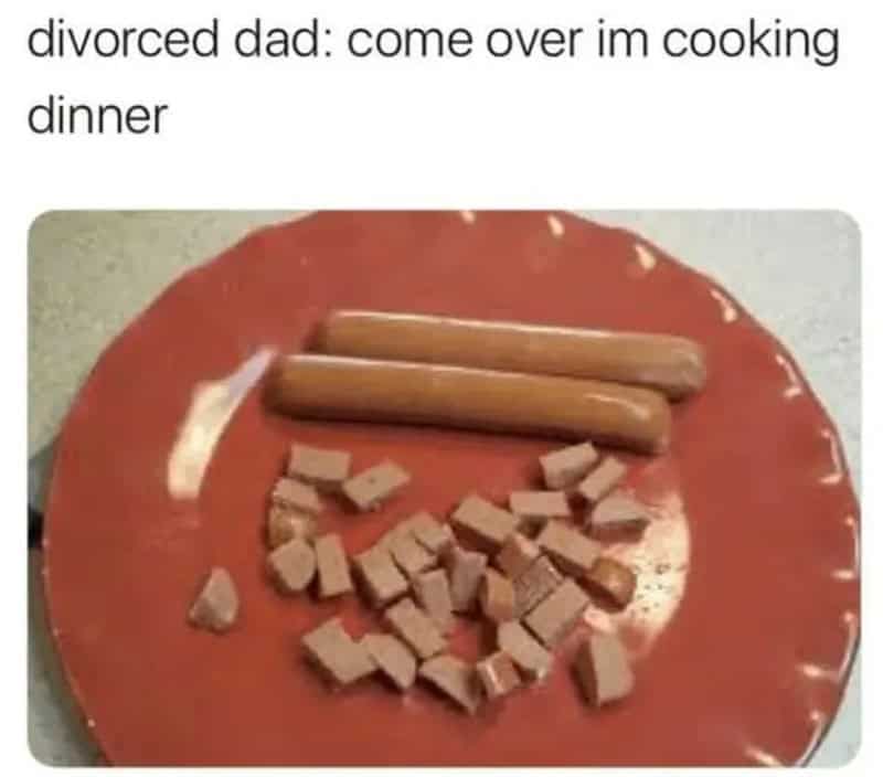 Depressing plate of chopped hot dogs highlighting a sad divorced dad cooking supper meme.