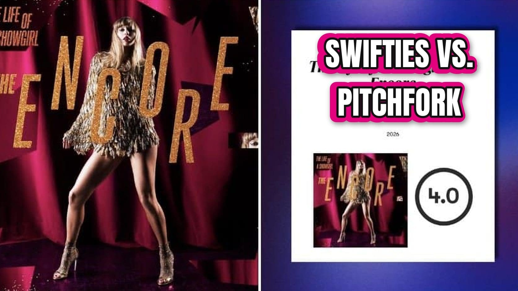 The Encore cover art beside Pitchfork's 4.0 score card in a Pop Base post about the Taylor Swift Encore review.