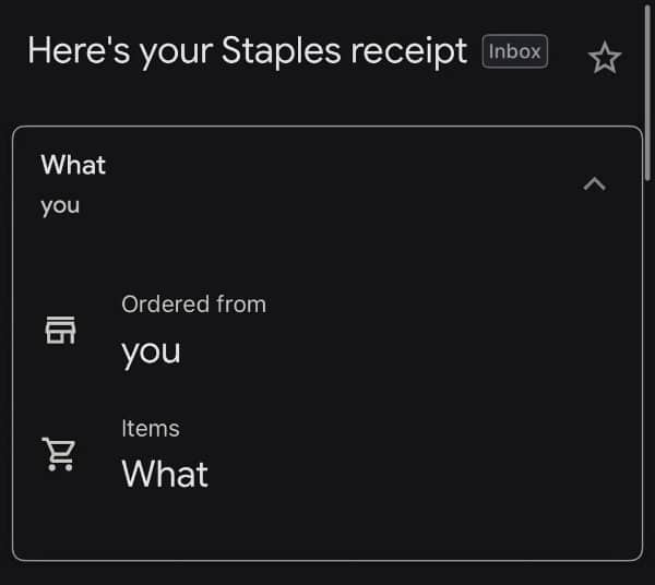 Staples receipt email glitch listing the order as from you, with items what.