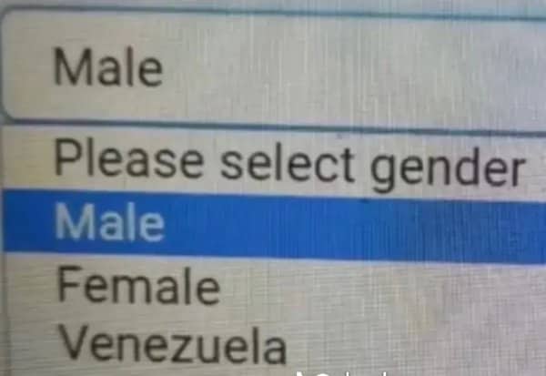Gender dropdown menu offering male, female, and Venezuela as the three options.