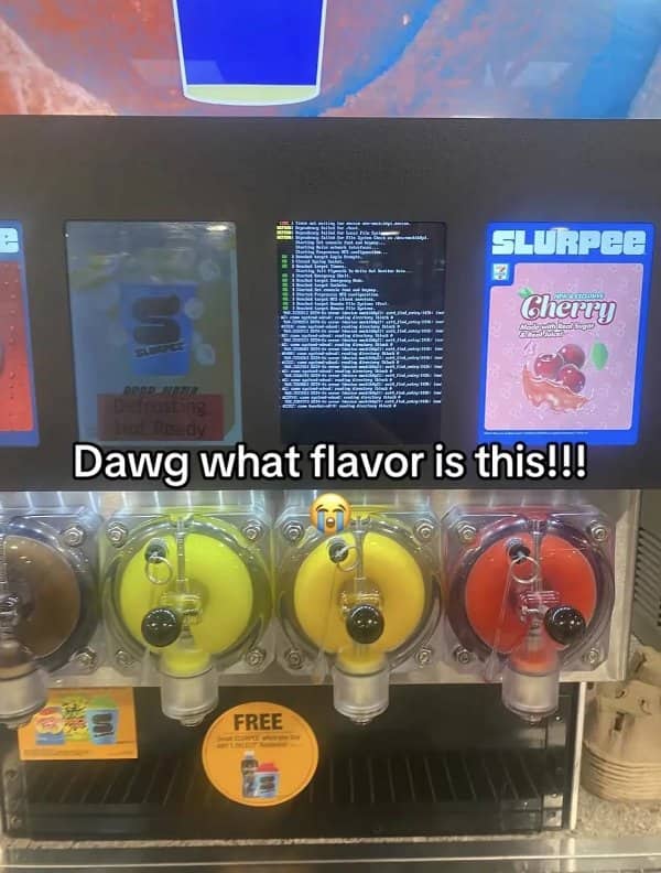 Slurpee machine screen showing lines of boot code instead of a flavor label.