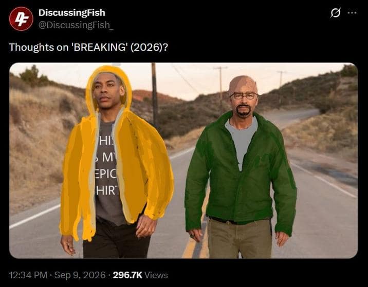 Tweet asking 'Thoughts on BREAKING' photoshopped with Aaron Pierre as Jesse Pinkman and Kyle Chandler as Walter White in a thoughts on lanterns meme.