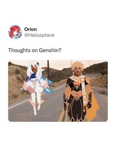 Tweet asking 'Thoughts on Genshin?' editing Aaron Pierre as floating Paimon and Kyle Chandler as Aether in a thoughts on lanterns meme.
