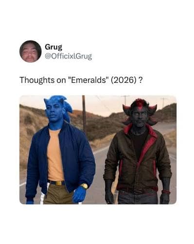 Tweet asking 'Thoughts on "Emeralds"' editing Aaron Pierre as Sonic and Kyle Chandler as Shadow the Hedgehog in a thoughts on lanterns meme.