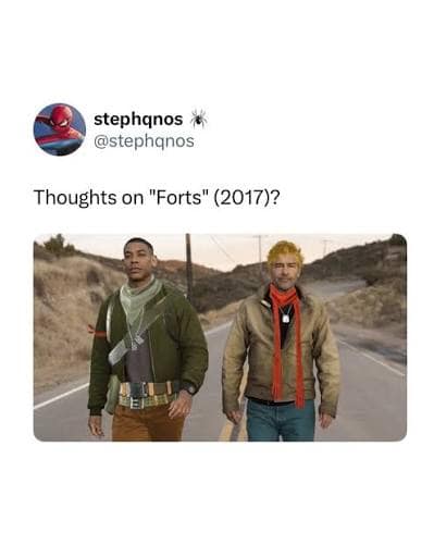 Tweet asking 'Thoughts on "Forts"' editing the Lanterns duo into Fortnite battle royale outfits in a thoughts on lanterns meme.