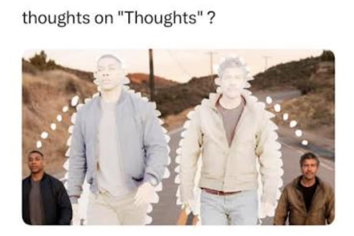 Meta post asking 'thoughts on "Thoughts"' showing an infinite recursive thought-bubble reflection loop in a thoughts on lanterns meme.