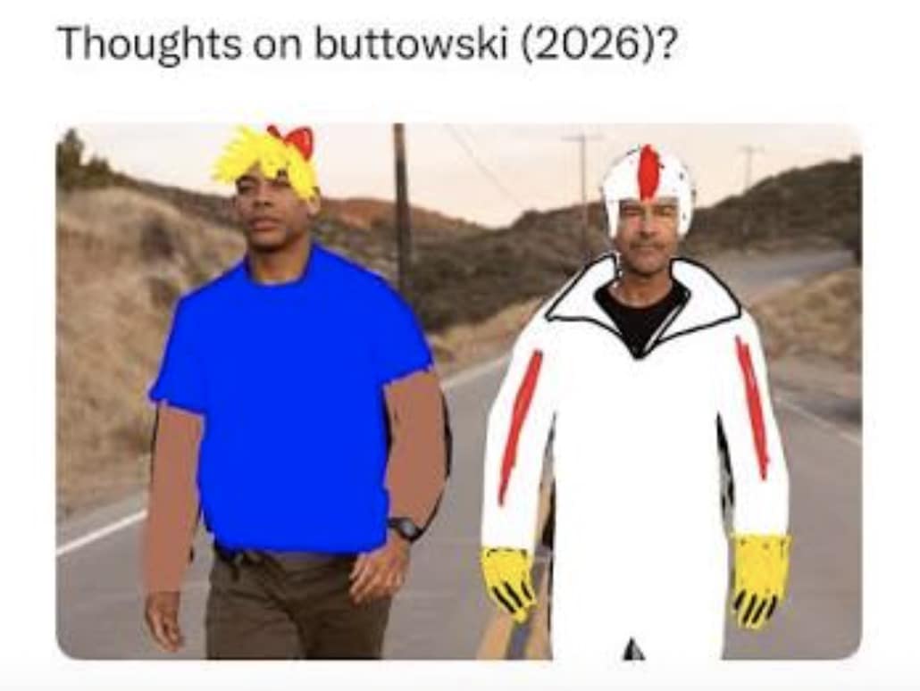 Meme post asking 'Thoughts on buttowski' editing the duo as Kick Buttowski and Gunther Magnuson in a thoughts on lanterns meme.