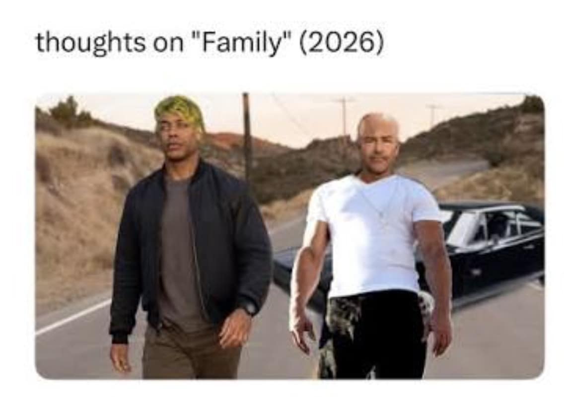 Meme asking 'thoughts on "Family"' editing the duo as Fast & Furious street racers standing next to a muscle car in a thoughts on lanterns meme.