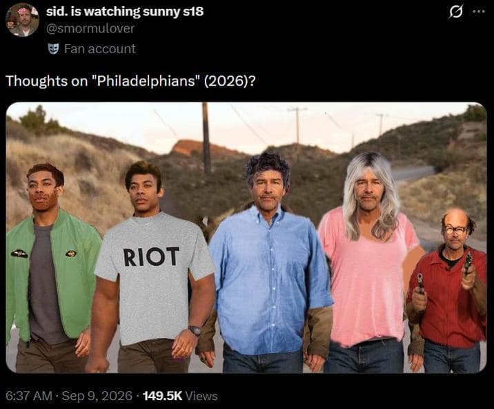 Tweet asking 'Thoughts on Philadelphians' featuring the Lanterns actors photoshopped as the full cast of It's Always Sunny in Philadelphia in a thoughts on lanterns meme.