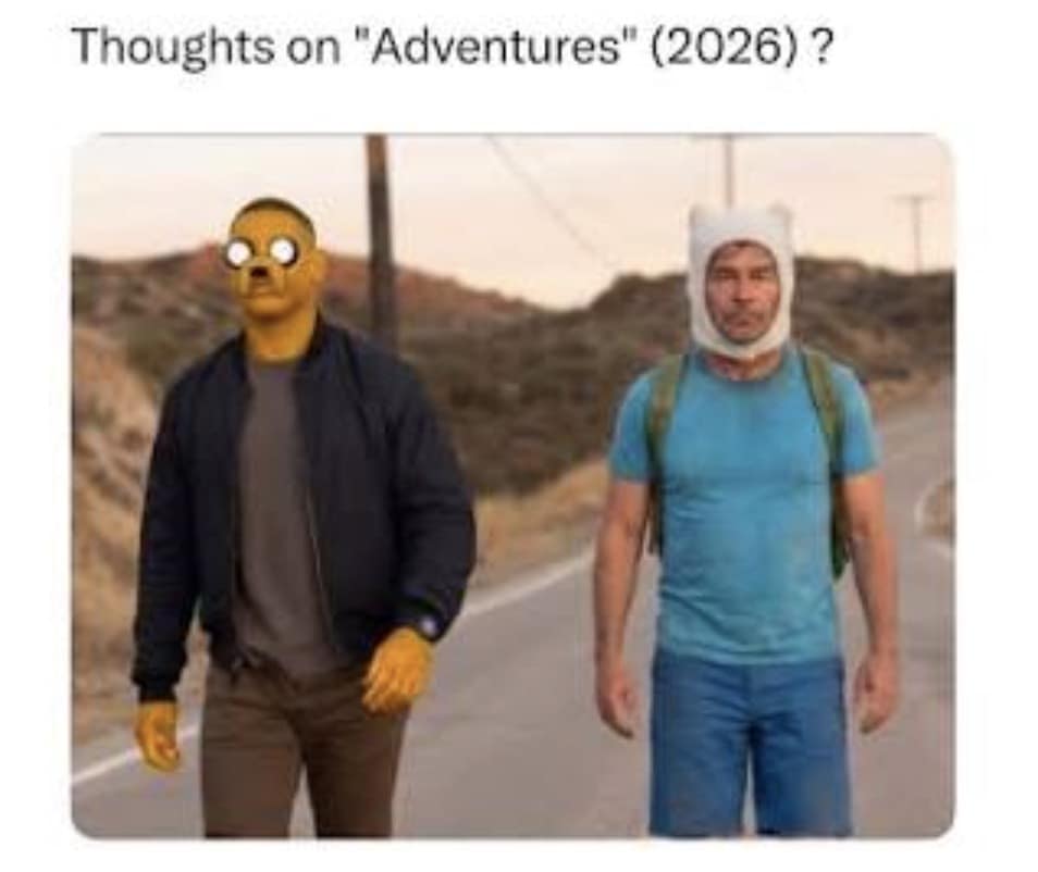 Meme asking 'Thoughts on "Adventures"' editing Aaron Pierre as Jake the Dog and Kyle Chandler as Finn the Human in a thoughts on lanterns meme.