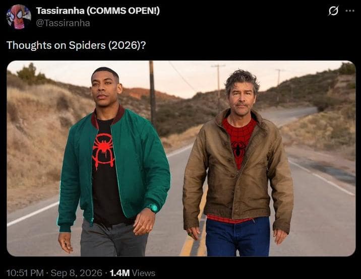 Tweet asking 'Thoughts on Spiders' with Aaron Pierre edited as Miles Morales and Kyle Chandler as Peter B. Parker in a thoughts on lanterns meme.