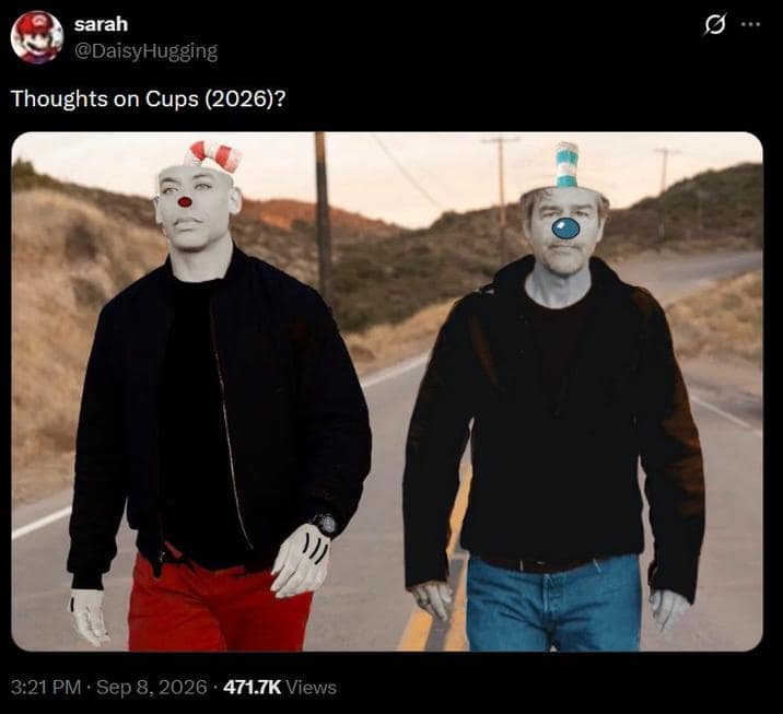 Tweet asking 'Thoughts on Cups' showing Aaron Pierre and Kyle Chandler edited as Cuphead and Mugman walking down a highway in a thoughts on lanterns meme.