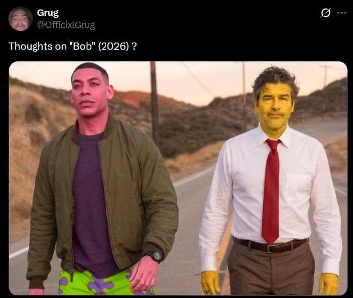 Tweet asking 'Thoughts on Bob' with Aaron Pierre photoshopped as Patrick Star and Kyle Chandler as SpongeBob SquarePants in a thoughts on lanterns meme.