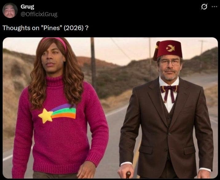 Tweet asking 'Thoughts on Pines' featuring the Lanterns actors dressed as Mabel and Grunkle Stan from Gravity Falls in a thoughts on lanterns meme.