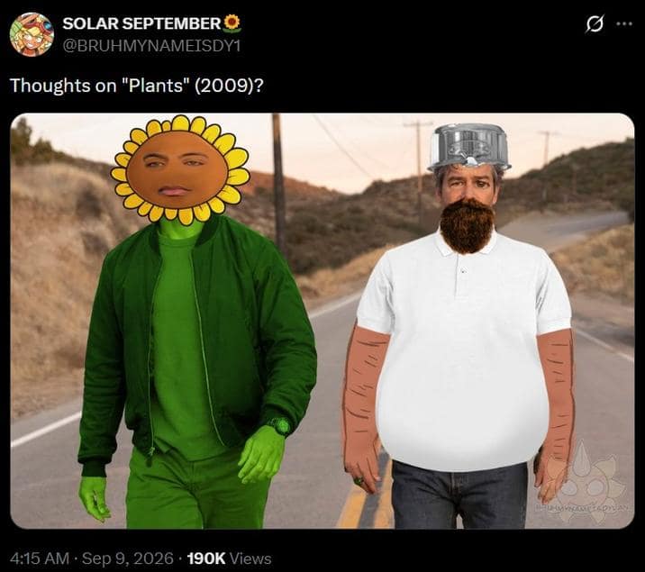 Tweet asking 'Thoughts on Plants' editing Aaron Pierre as Sunflower and Kyle Chandler as Crazy Dave from Plants vs. Zombies in a thoughts on lanterns meme.