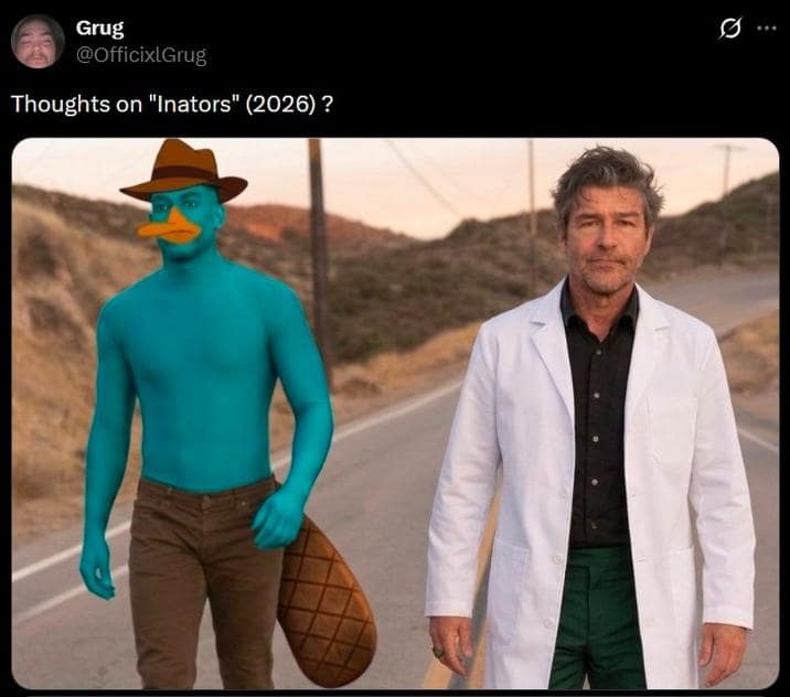 Tweet asking 'Thoughts on Inators' with Aaron Pierre as Perry the Platypus and Kyle Chandler as Dr. Doofenshmirtz in a thoughts on lanterns meme.