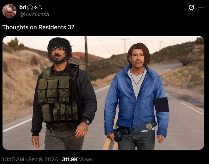 Tweet asking 'Thoughts on Residents 3' editing the Lanterns actors into Carlos and Jill from Resident Evil 3 in a thoughts on lanterns meme.