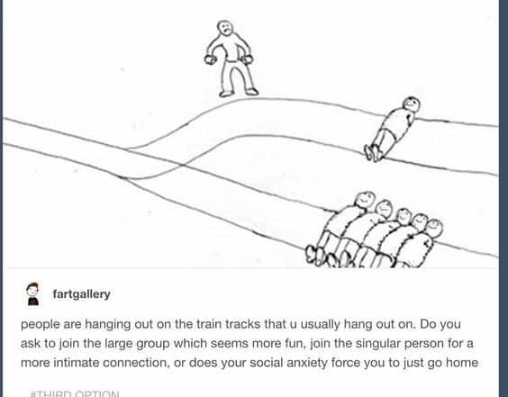 Trolley tracks drawing reimagined as a social anxiety choice about joining people hanging out