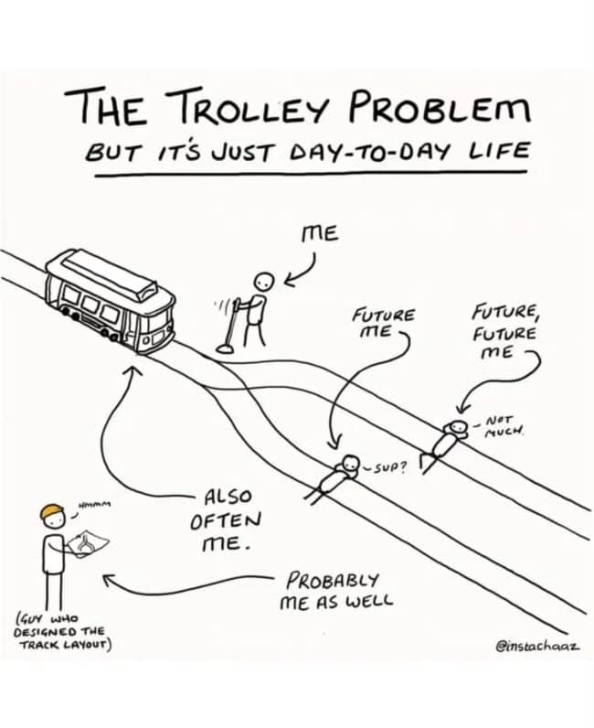 Hand drawn trolley problem showing me, future me, and the guy who designed the tracks