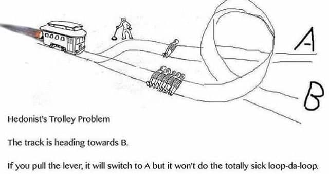 Hedonist's trolley problem where track B has a sick loop-de-loop and track A doesn't