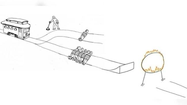 Trolley problem drawing where the track ends in a ramp aimed at a flaming hoop