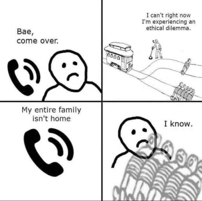 Four panel comic where someone declines an invitation due to an ongoing trolley dilemma