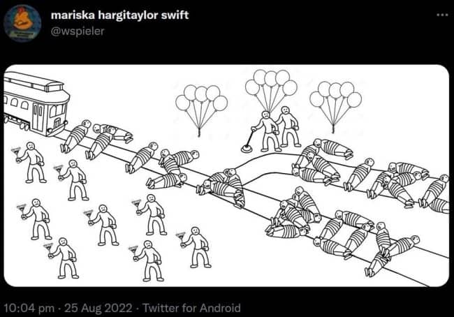 Tweet showing a massive trolley problem with dozens of people, balloons, and drinks