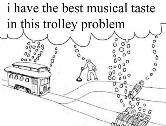 Trolley problem with thought bubbles claiming the best musical taste on the tracks