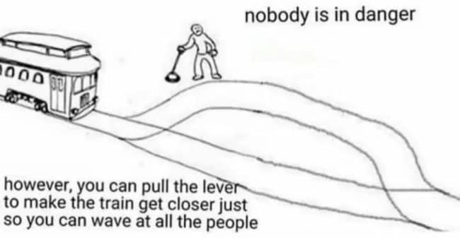 Trolley drawing where nobody is in danger and the lever lets you wave at people