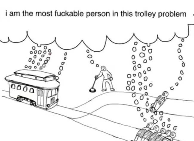 Trolley diagram with thought bubbles and a crude boastful caption from one person on the tracks