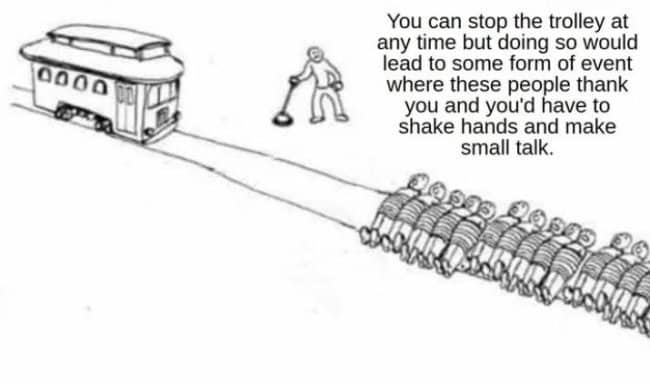 Trolley heading toward a long line of people, stopping it means making small talk