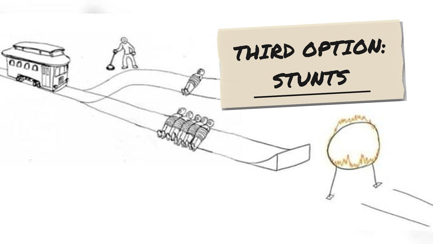 Trolley problem memes drawing where the track ends in a ramp aimed at a flaming hoop instead of people.