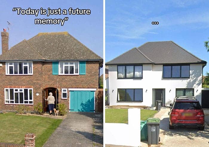 Before and after of charming brick house destroyed by stark white ugly home renovations.